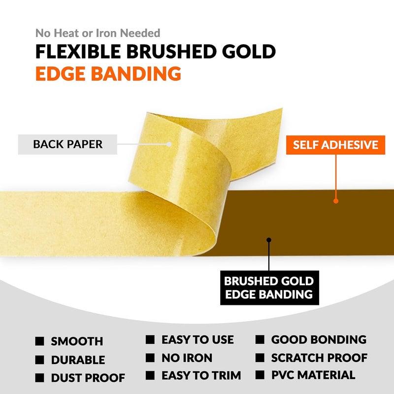 LEAFLEX Brushed Gold 1/2 inch x 25 ft PVC Edge Banding Peel Stick Tape Adhesive Metal Edging Veneer Furniture Aluminum Trim MDF Wood Cabinet Flexible Strip Molding Laminate Shelf Countertop Formica Plywood - Image 3